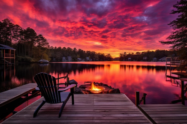 Présentez la palette de couleurs vibrantes alors que le soleil se couche derrière un bord de lac tranquille.