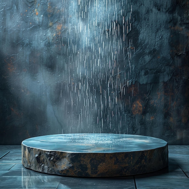 Présentez vos produits sur un podium sur fond de gouttes de pluie