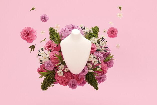 Présentoir de bijoux vitrine buste pour pendentif collier sur fond de fleurs support de support rendu 3d