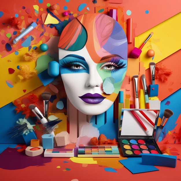 Un présentoir coloré de maquillage avec un visage réalisé par la marque.