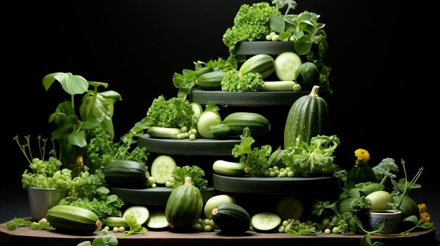 Présentoir de courgettes haut de gamme stylisant une photo artistique, élégante, dynamique et enchanteresse