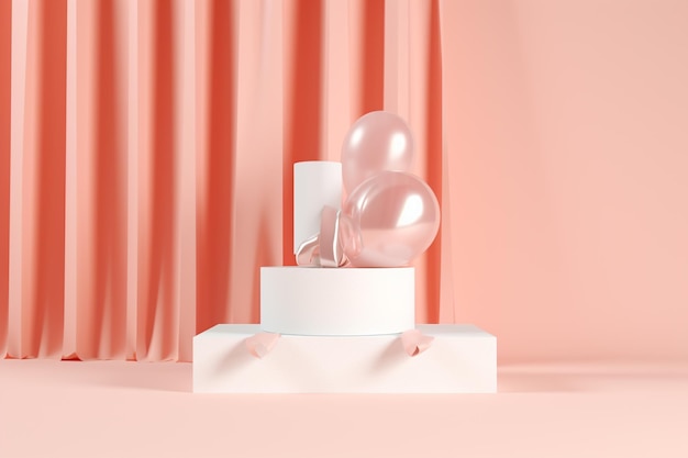 Un présentoir à gâteau rose avec deux ballons dessus