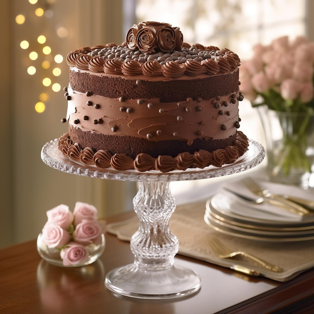 Un présentoir à gâteaux en verre avec un gâteau au chocolat dessus.