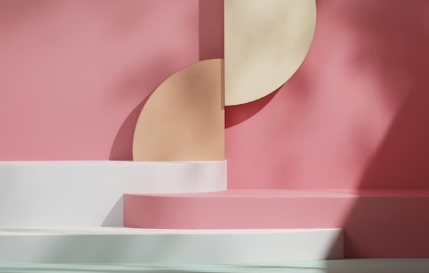 Le présentoir géométrique sur podium présente les ombres des feuilles sur fond rose pastel