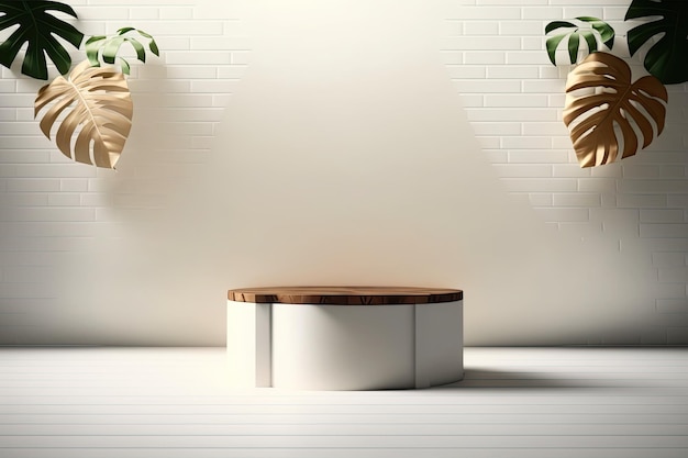 Présentoir minimaliste de produit de podium rond en bois vide avec des plantes tropicales AI généré