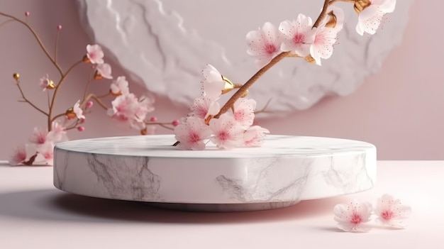 Présentoir de pierre de podium de roche blanche de fond 3D dans l'eau rose Sakura ai génératif