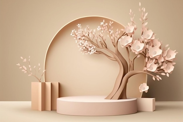 Présentoir de podium beige avec branche d'arbre à fleurs roses Sakura Piédestal floral pour la promotion de produits cosmétiques ou de beauté