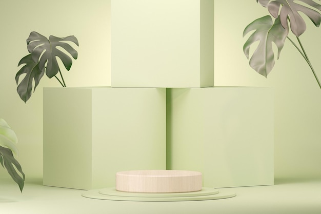 Présentoir De Podium En Bois Avec Fond Vert Pastel Nature Ombre Du Soleil Sur Des Formes Géométriques Rendu 3d