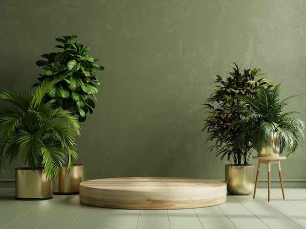 Présentoir de podium en bois avec plante à l'intérieur de la salle verte