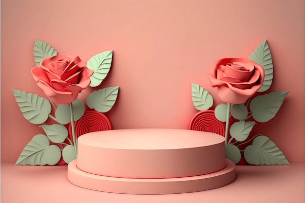 présentoir sur podium, fond rose pastel propre avec des fleurs roses rouges