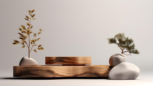 Photo présentoir de produits en bois avec décorations de pierres et de plantes