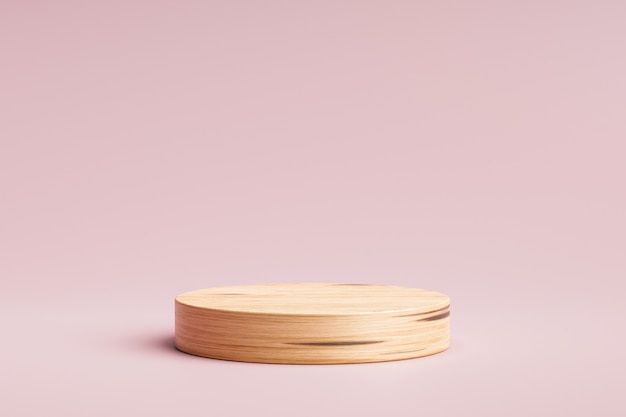 Présentoir de produits en bois ou socle de vitrine sur fond rose avec support de cylindre. Modèle de produit de podium ou de plate-forme de studio rose. Rendu 3D.