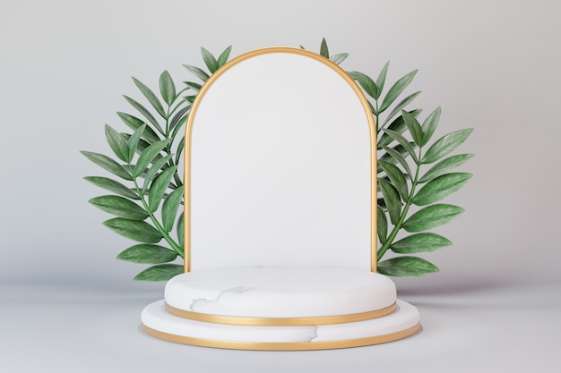 Présentoir de produits cosmétiques, cylindre en marbre blanc et mur en arc en or blanc avec fond de feuille verte. illustration de rendu 3D