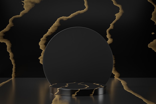 Présentoir de produits cosmétiques, podium de cylindre en or noir en marbre avec cercle noir sur fond noir. illustration de rendu 3D