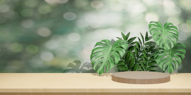 Présentoir de produits cosmétiques, podium de cylindre rond en bois sur planche de bois avec fond de feuille verte. illustration de rendu 3D
