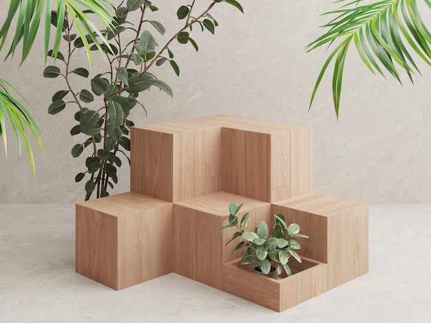 Présentoir de produits podium en bois avec des feuilles tropicales sur fond blanc