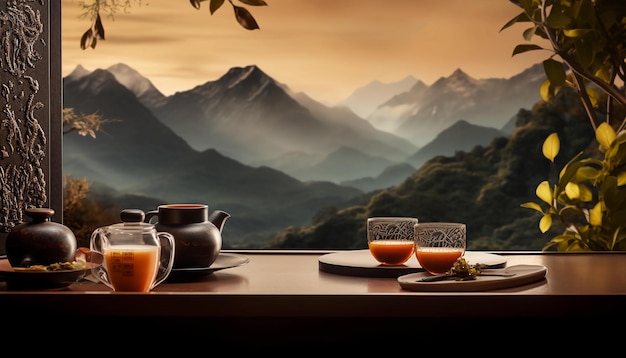 Présentoir de produits de thé noir avec paysage chinois