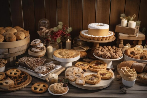 Présentoir de table de biscuits de vacances tartes et pâtisseries dans une boulangerie créée avec une IA générative