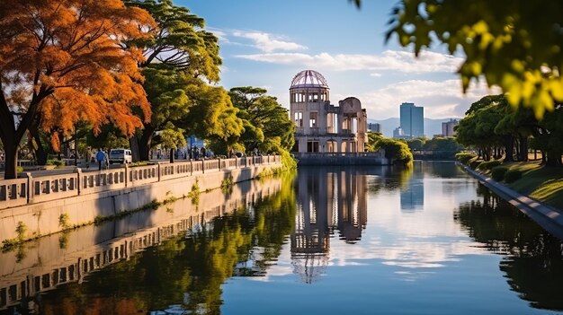 Photo la préservation de l'histoire le majestueux dôme de la bombe atomique dans le parc commémoratif de la paix d'hiroshima illuminé en d