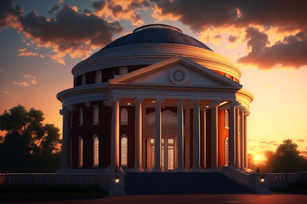 Le président Jefferson a conçu l'architecture de la rotonde emblématique de l'Université de Virginie à Charlottesville, qui présente des arches grecques classiques et un ciel spectaculaire au coucher du soleil