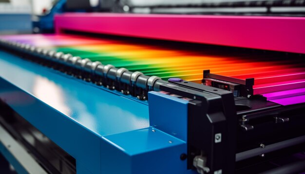 Presse d'impression moderne dans une usine produisant des documents multicolores générés par l'intelligence artificielle