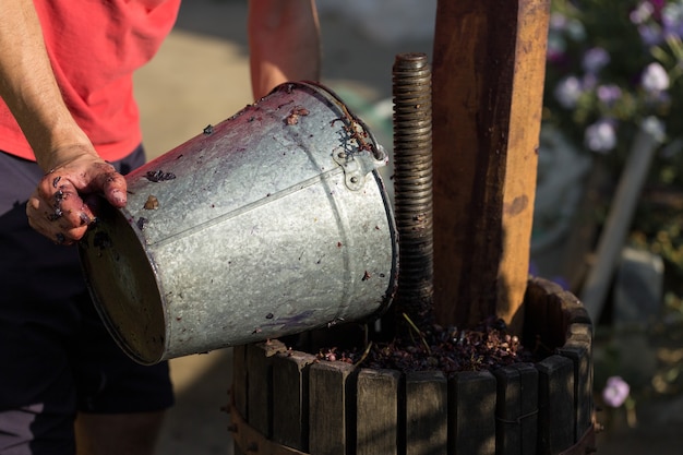 Pressoir à moût rouge et vis hélicoïdale. Les mains du vigneron se bouchent.