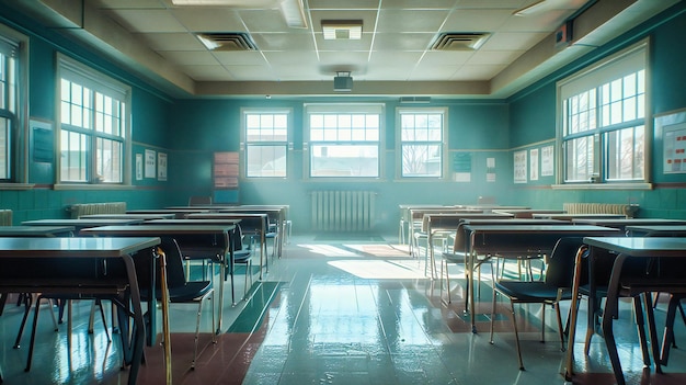 Prêt à apprendre salle de classe vide avec des bureaux et un tableau en attendant l'arrivée des élèves pour de nouvelles leçons