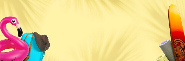 Photo prêt à attraper la vague. flamant rose, tapis et planche de natation. conception moderne de flyers. fond jaune avec fond. concept d'été, de fête, de détente, de vacances, de repos. flyer pour proposition, annonce, vente.