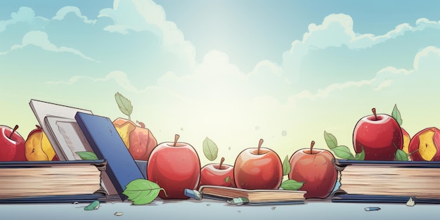 Prêt pour l'arrière-plan du concept d'école Livres scolaires avec pomme fraîche et espace de copie