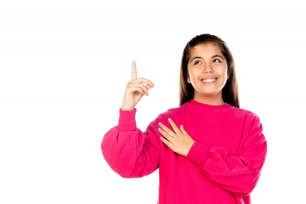 Preteen girl with pink sweatshirt