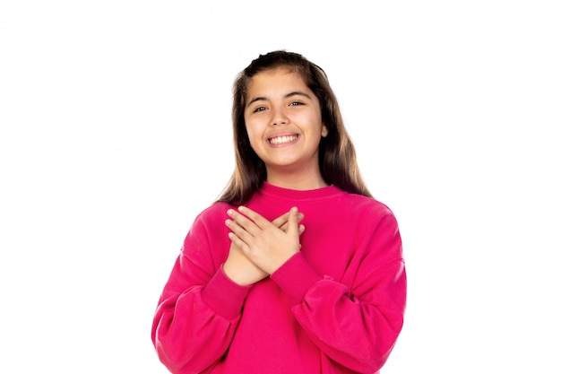 Preteen girl with pink sweatshirt