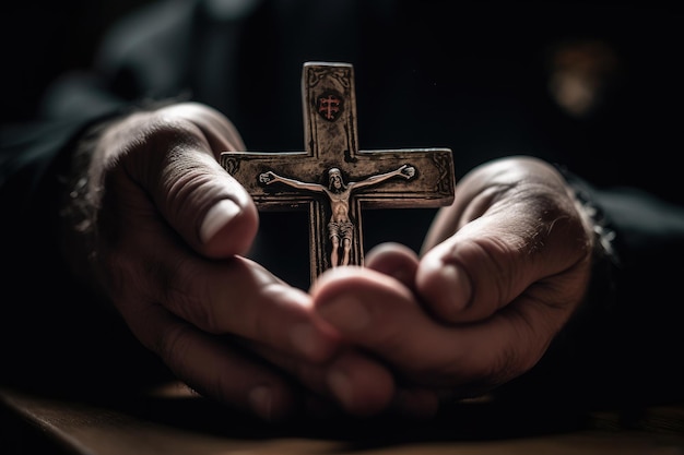 Le prêtre de l'église tient une croix religieuse dans les mains Generative AI