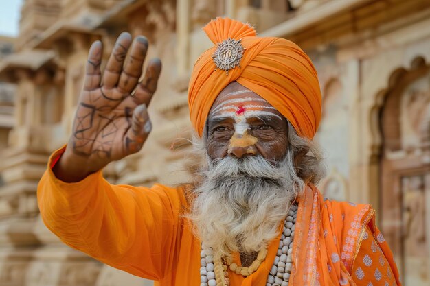 Un prêtre jaïn salue à Jaisalmer dans le Rajasthan, en Inde.