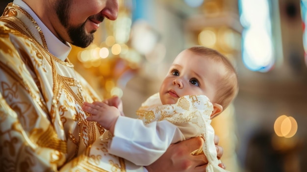Photo un prêtre ou un membre du clergé tient doucement le bébé pendant la cérémonie du baptême