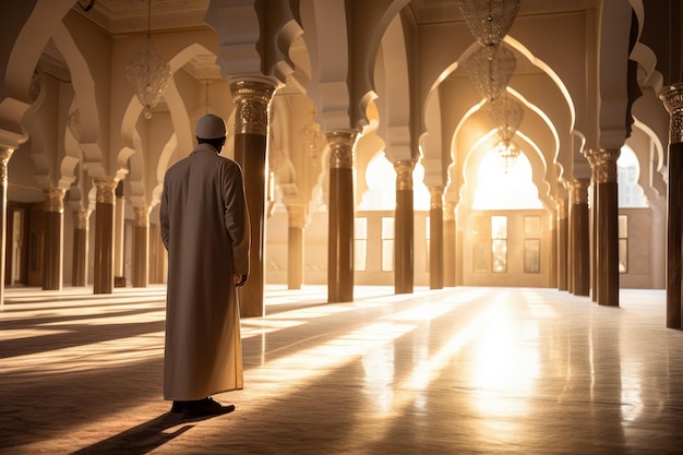 Un prêtre musulman, également connu sous le nom d'imam, se tient en prière dans les beaux limites d'une mosquée.