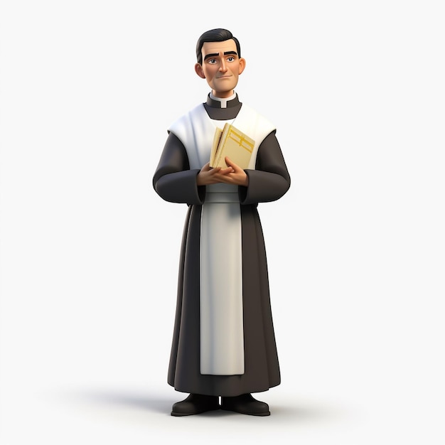 Un prêtre de personnage de dessin animé 3d tenant un livre et une bible dans ses mains
