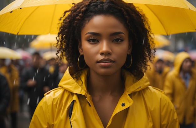 Pretty femme noire veste de pluie jaune se démarquant de la foule diversité bannière copie texte d'espace