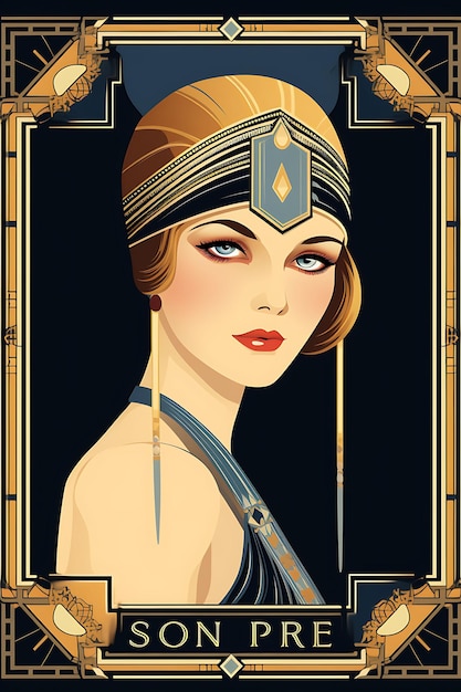 Pretty Flapper Girl Art Déco Couleurs Bold Sans Serif Police Geo 2D Étiquette Vintage Design Packaging Tem