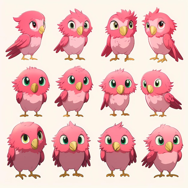 Pretty in Pink Cute Girlish Parrot Character Sheet avec diverses expressions et une pose debout