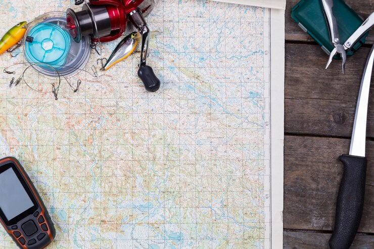 Photo prévoyez des articles de pêche et un navigateur sur la carte