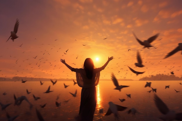 Prier et libérer les oiseaux qui volent sur fond de coucher de soleil Generative AI