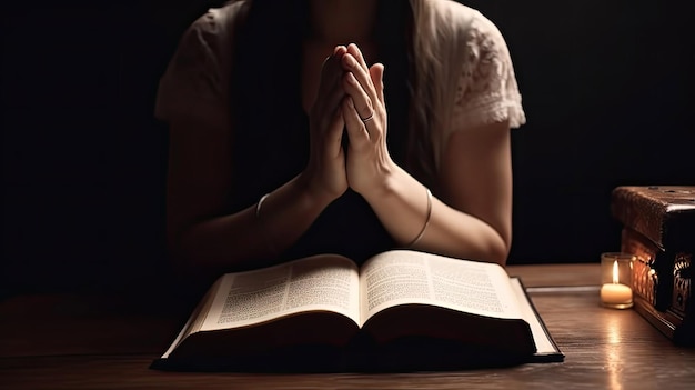 Prier les mains jeune femme prière avec les mains ensemble sur la sainte bible avec la technologie IA générative