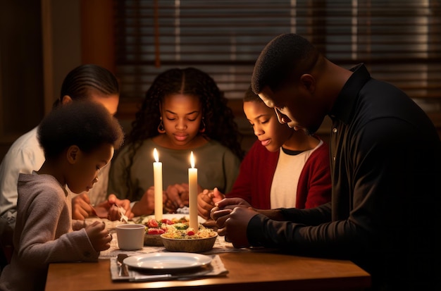 Prière en famille avant le dîner à la lumière d'une bougie chaude