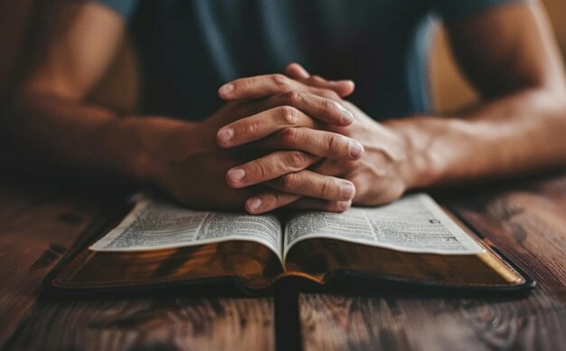 Photo prière foi et personne avec les mains sur la bible à la maison pour l'espoir remerciements et gratitude à dieu dans l'évangile