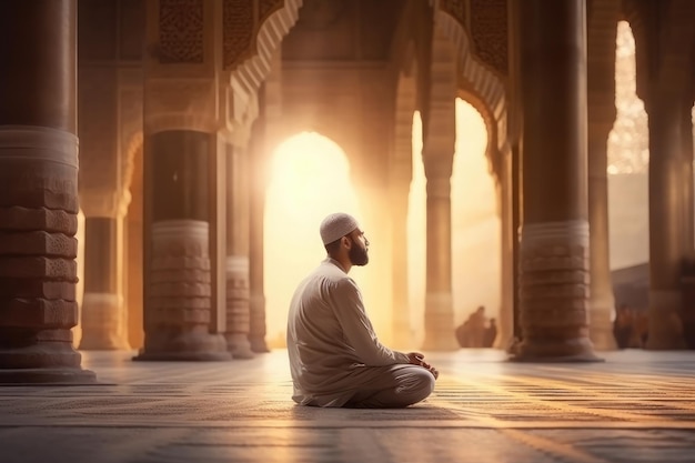 La prière l'islam et le culte avec l'homme dans la mosquée saint coran et la spiritualité personne priant dans les traditions musulmanes priant pour les soins de la foi et le Ramadan kareem
