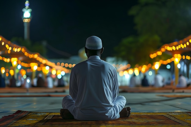 Prière musulmane assise devant la mosquée la nuit du Ramadan avec un réseau neuronal de focalisation sélective