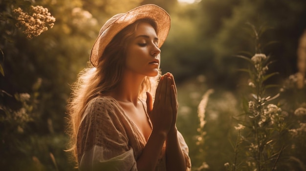 Prière paix et adoration avec femme dans la nature pour Dieu