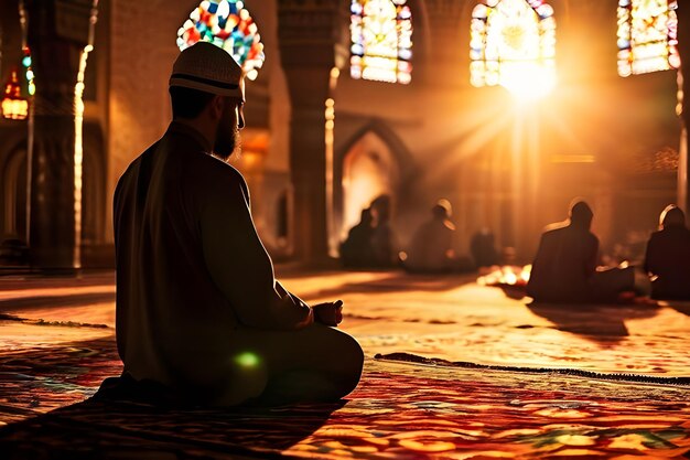 Photo prière sereine du ramadan à la mosquée atmosphère sacrée et lumière dorée douce