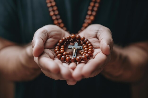 Prière soulignée un homme dans une dévotion tranquille mains serrées autour d'une croix de chapelet à la recherche de réconfort et d'esprit