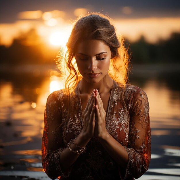 La prière spirituelle photo remet le soleil briller avec un beau coucher de soleil flou